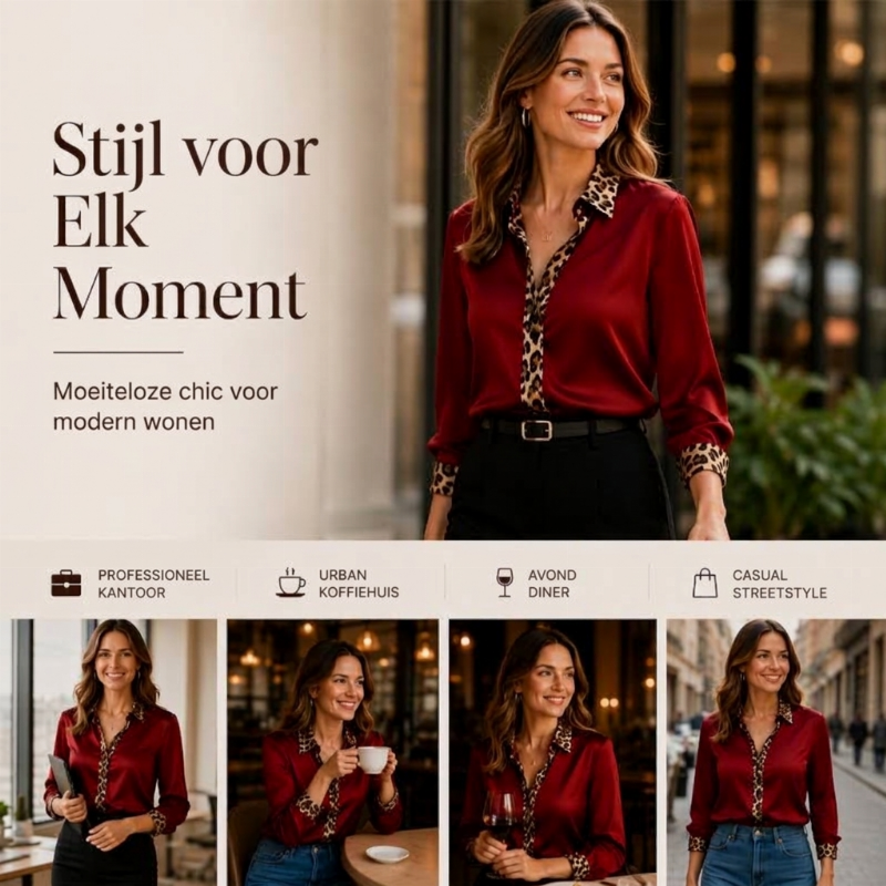 Elegante Satijnen Blouse met Luipaardkraag en Contrastmanchetten-4