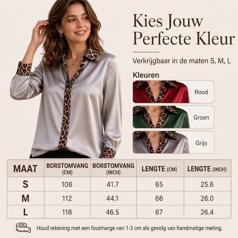 Elegante Satijnen Blouse met Luipaardkraag en Contrastmanchetten-5