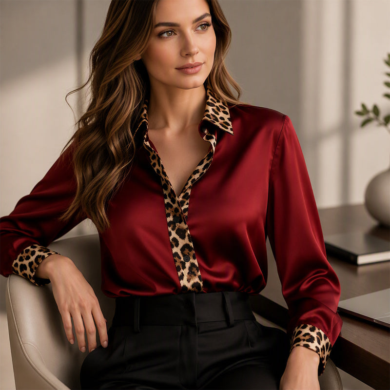 Elegante Satijnen Blouse met Luipaardkraag en Contrastmanchetten-6