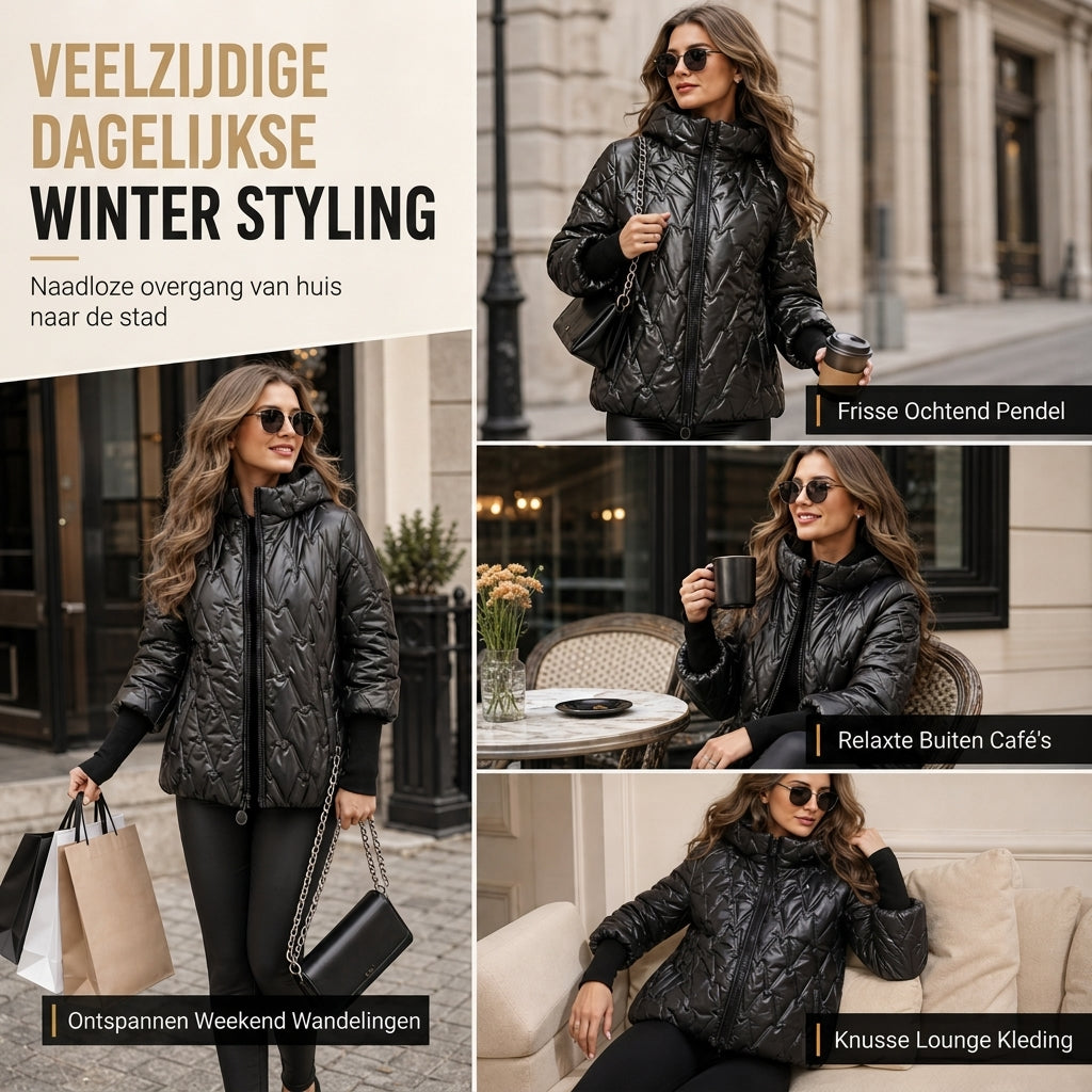 Gewatteerde Winterjas met Capuchon, Geribde Manchetten en Geometrisch Patroon-5