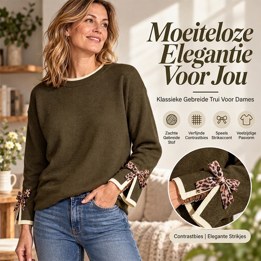Elegante Gebreide Trui met Contrastboorden en Luipaardstrikjes