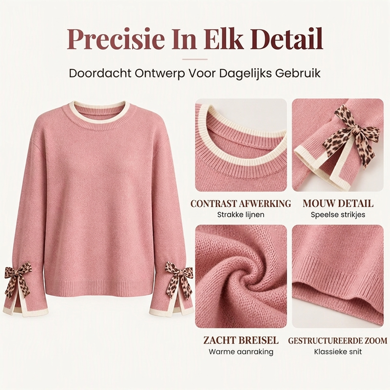 Elegante Gebreide Trui met Contrastboorden en Luipaardstrikjes-1