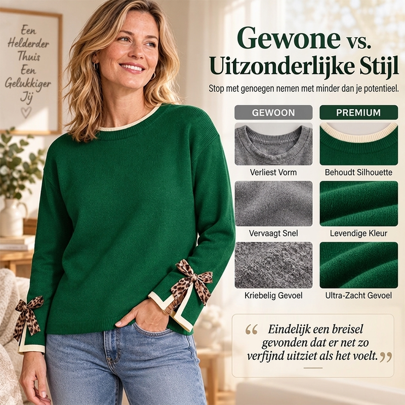 Elegante Gebreide Trui met Contrastboorden en Luipaardstrikjes-2