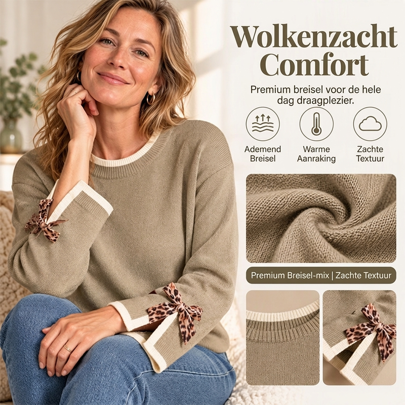 Elegante Gebreide Trui met Contrastboorden en Luipaardstrikjes-3