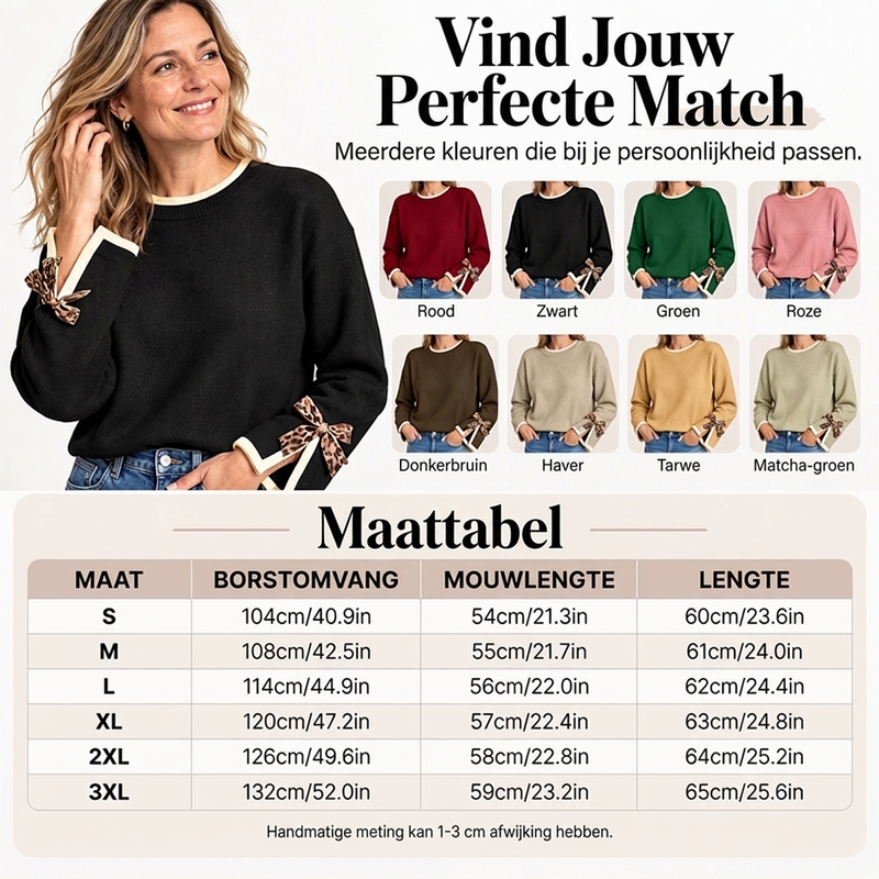 Elegante Gebreide Trui met Contrastboorden en Luipaardstrikjes-5