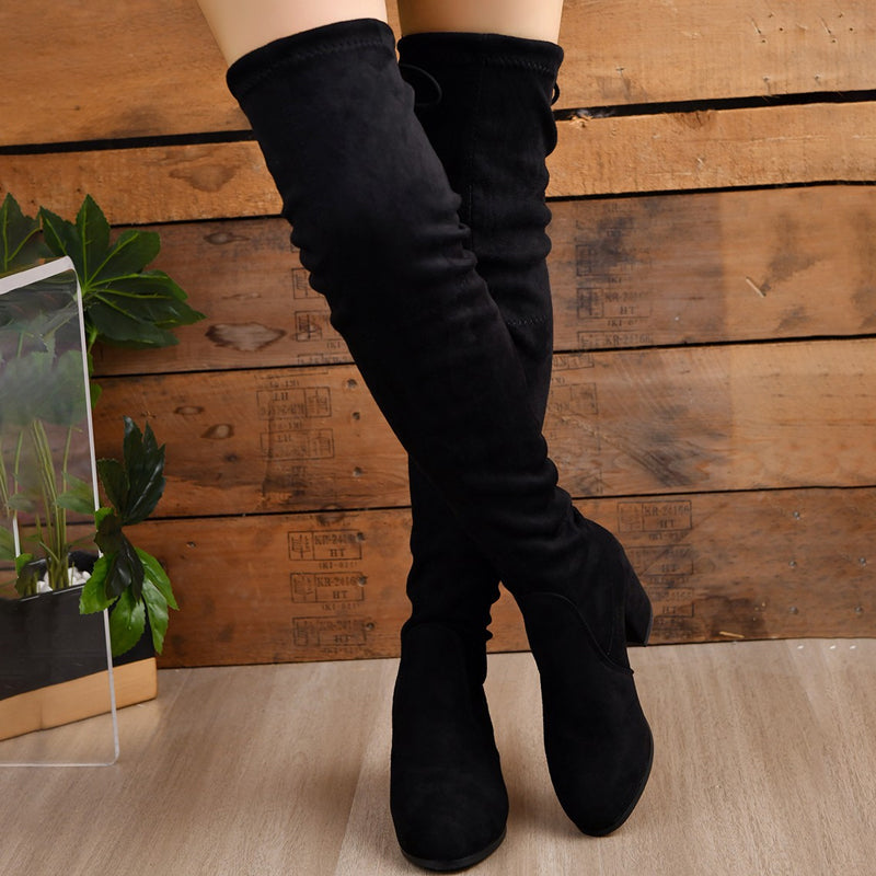 Elegante Overknee Suède-Look Laarzen met Blokhak en Strikdetail-9