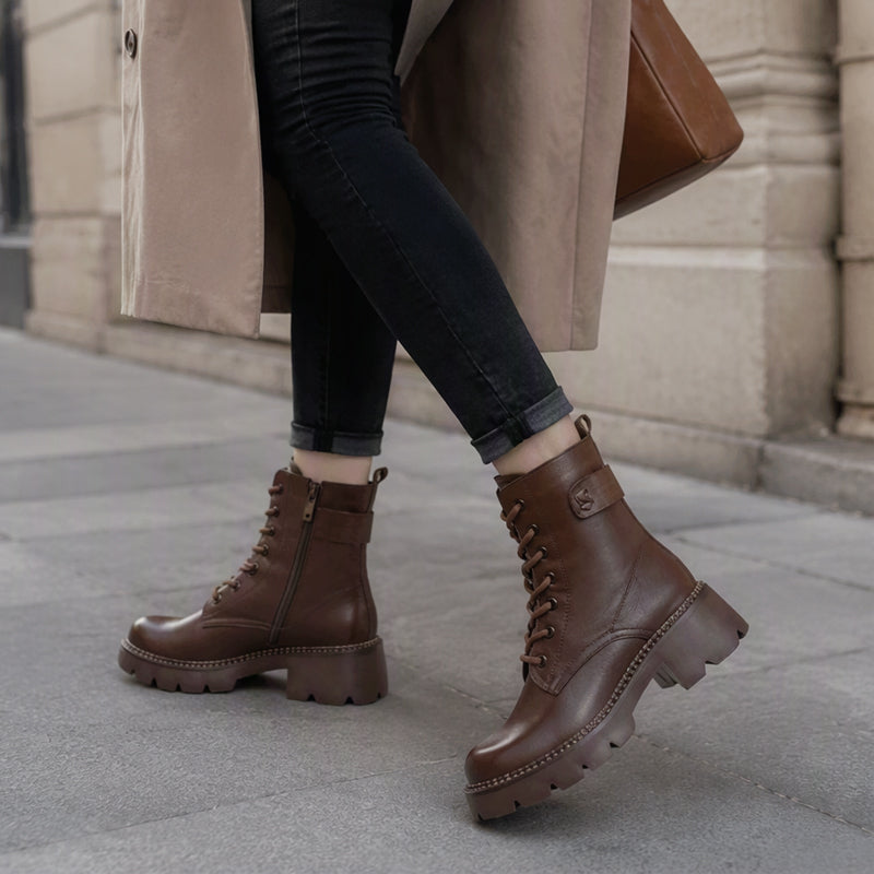 Stoere Platform Enkellaarzen met Vetersluiting en Chunky Zool-7