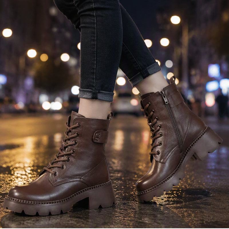 Stoere Platform Enkellaarzen met Vetersluiting en Chunky Zool-8