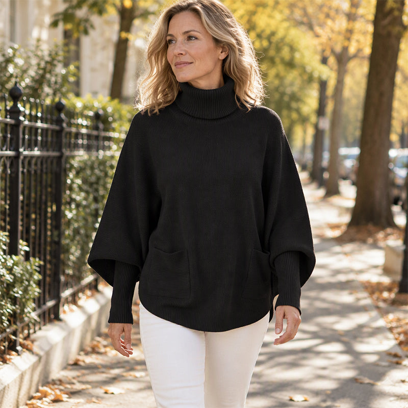 Oversized Gebreide Poncho Trui met Col en Zakken-7