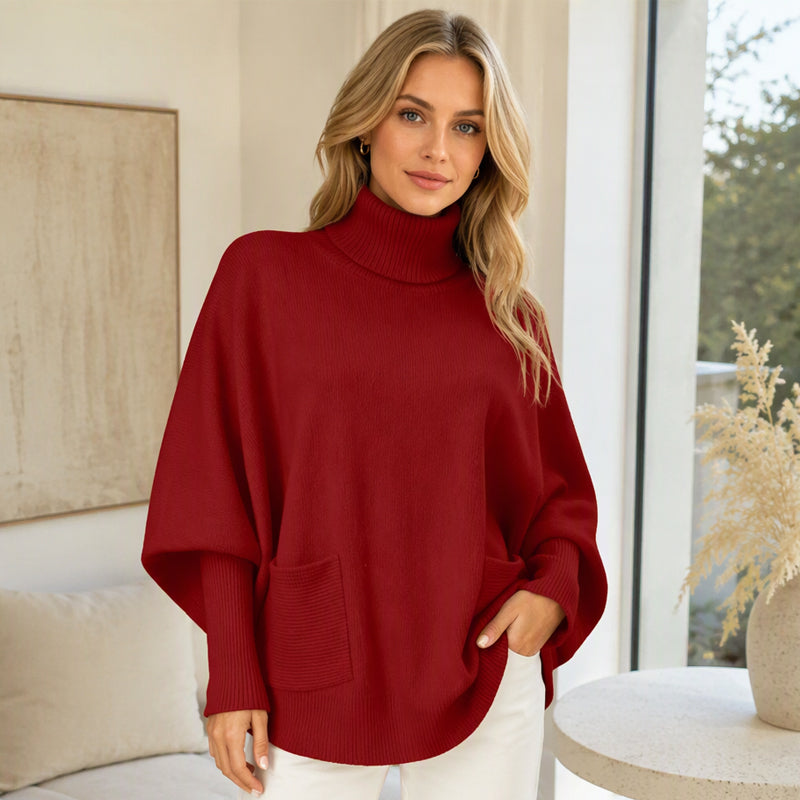 Oversized Gebreide Poncho Trui met Col en Zakken-11