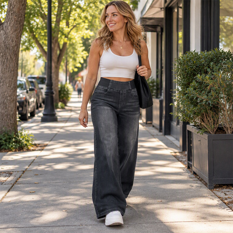 Elastische high-waist jeans met wijde pijpen-6