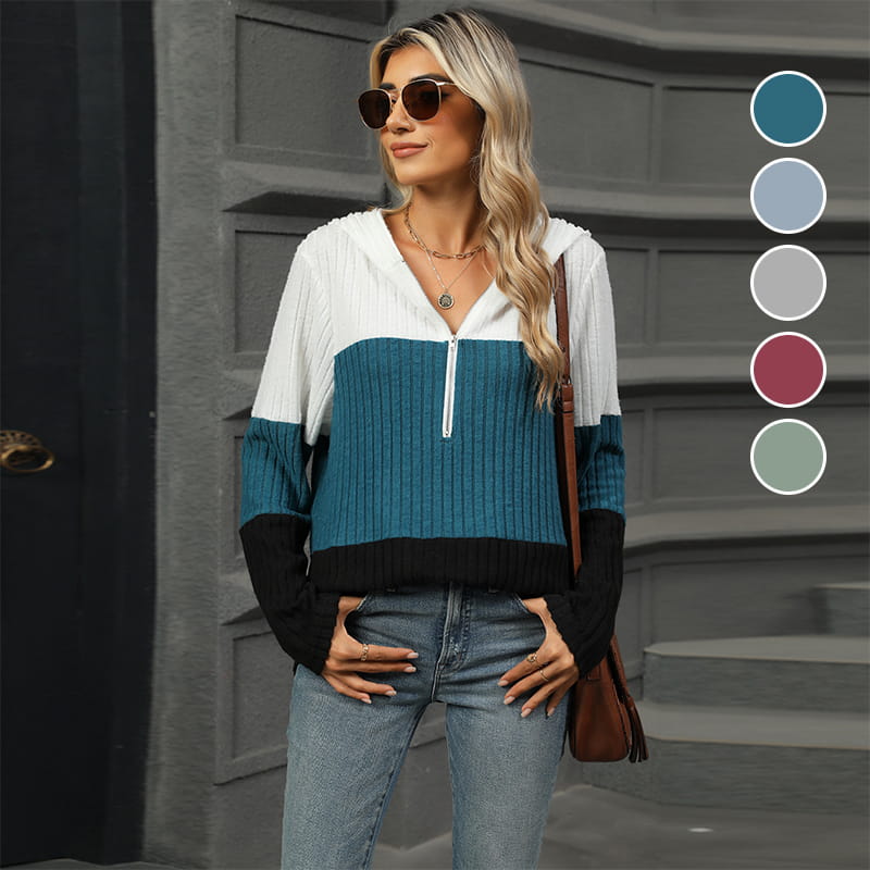 Gebreide hoodie met halve rits en colourblock design