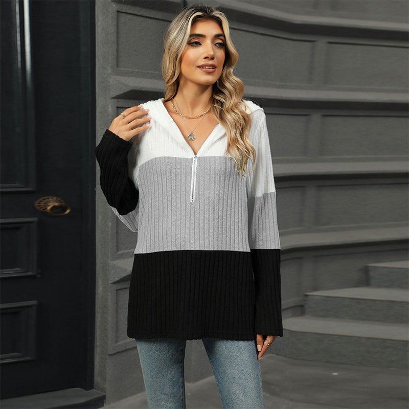 Gebreide hoodie met halve rits en colourblock design-8