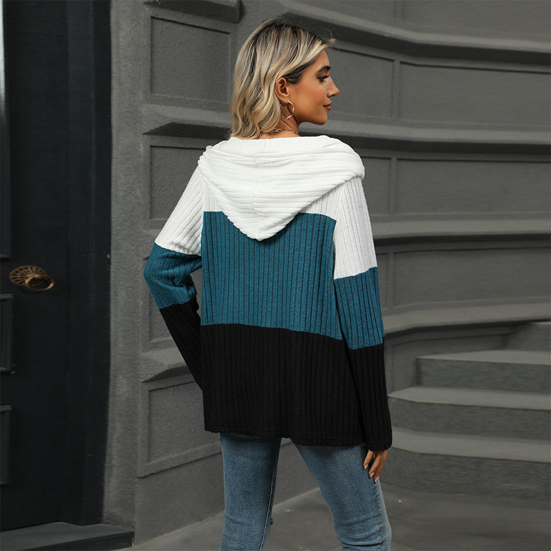 Gebreide hoodie met halve rits en colourblock design-1