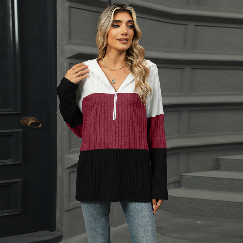Gebreide hoodie met halve rits en colourblock design-2