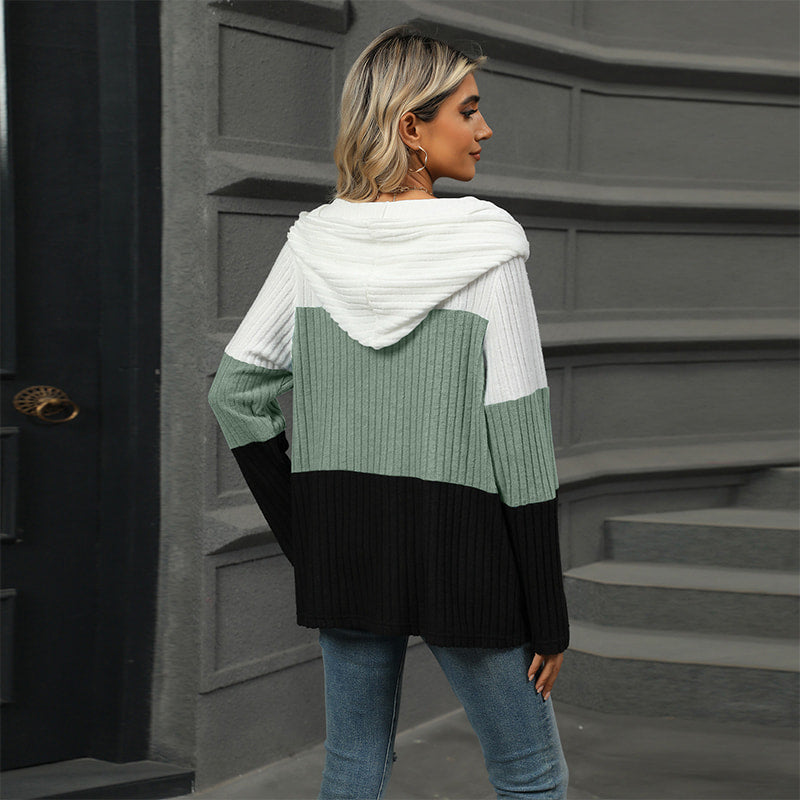 Gebreide hoodie met halve rits en colourblock design-7