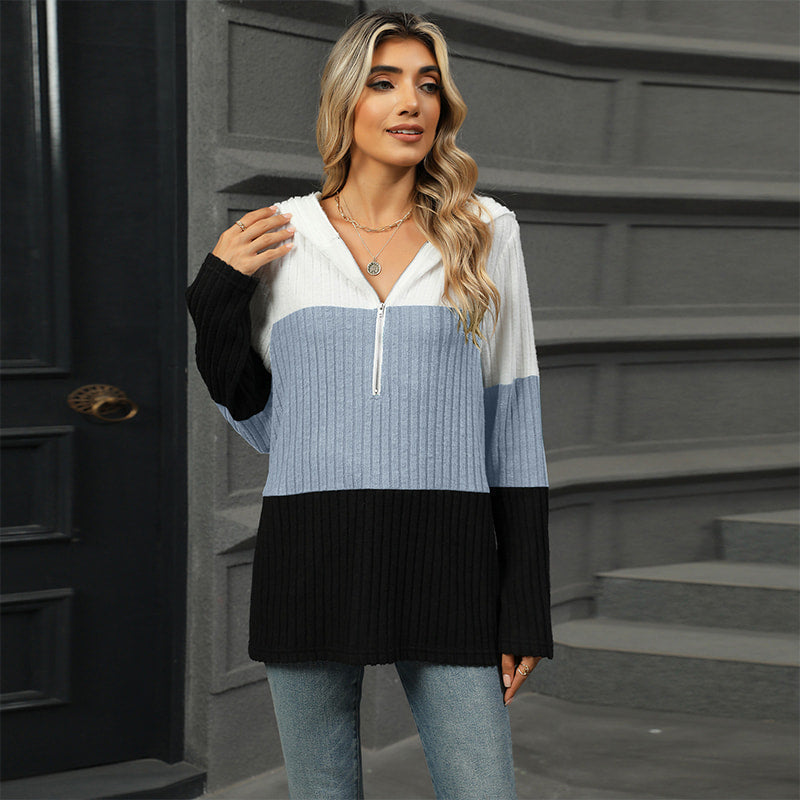 Gebreide hoodie met halve rits en colourblock design-4