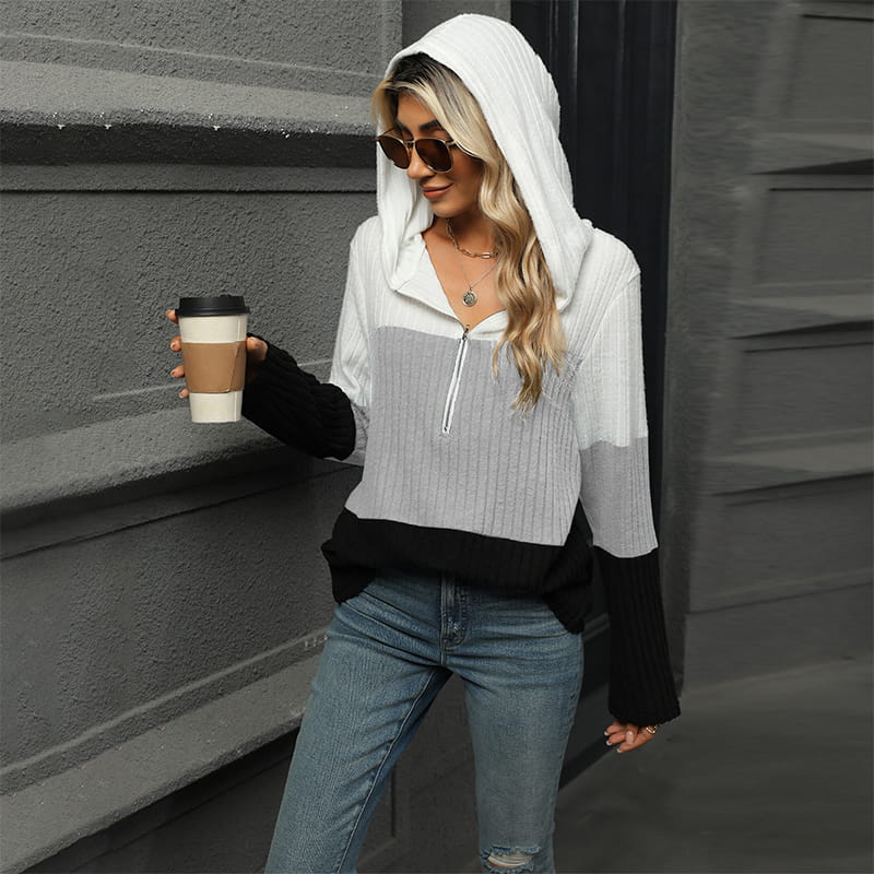 Gebreide hoodie met halve rits en colourblock design-9