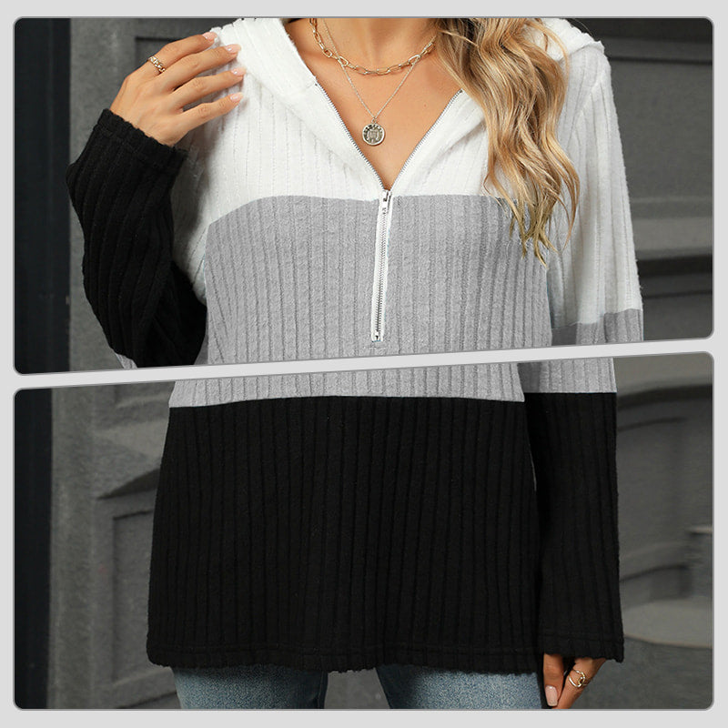 Gebreide hoodie met halve rits en colourblock design-11
