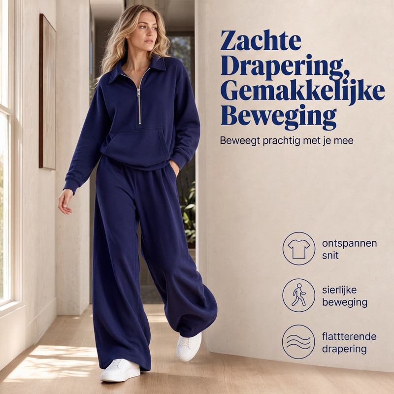 Tweedelige loungeset met halve rits en wijde broek-3