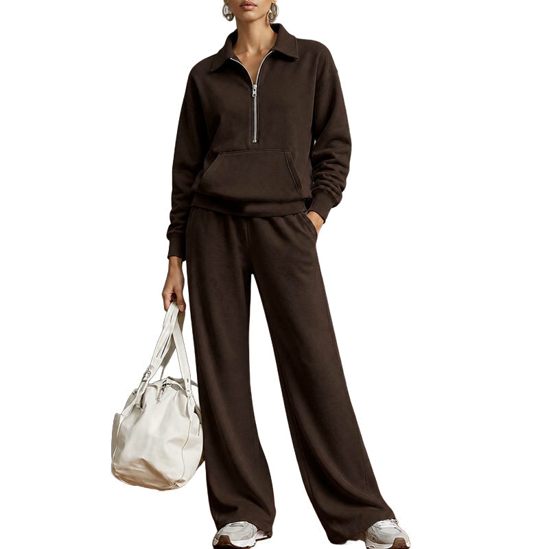 Tweedelige loungeset met halve rits en wijde broek-16