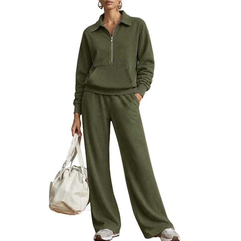 Tweedelige loungeset met halve rits en wijde broek-9