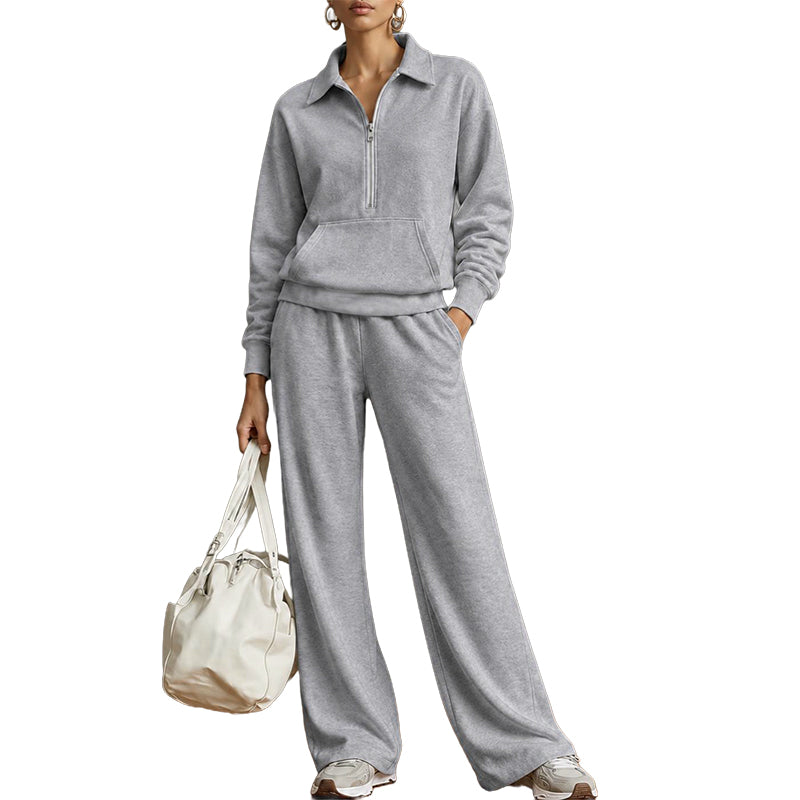 Tweedelige loungeset met halve rits en wijde broek-8