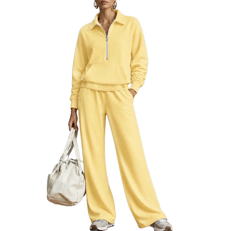 Tweedelige loungeset met halve rits en wijde broek-11