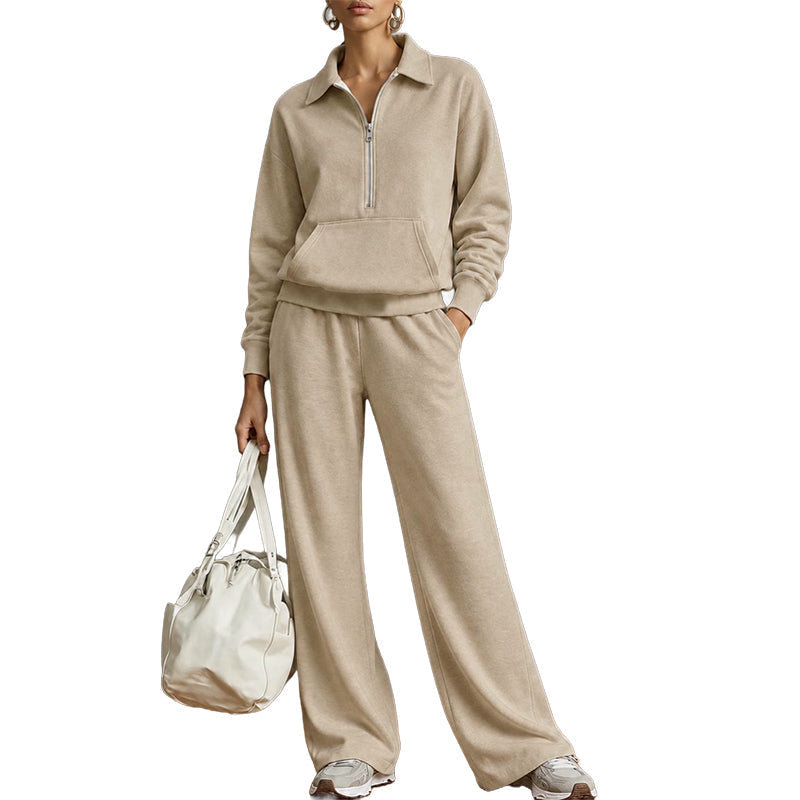 Tweedelige loungeset met halve rits en wijde broek-7