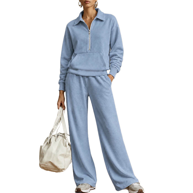 Tweedelige loungeset met halve rits en wijde broek-14