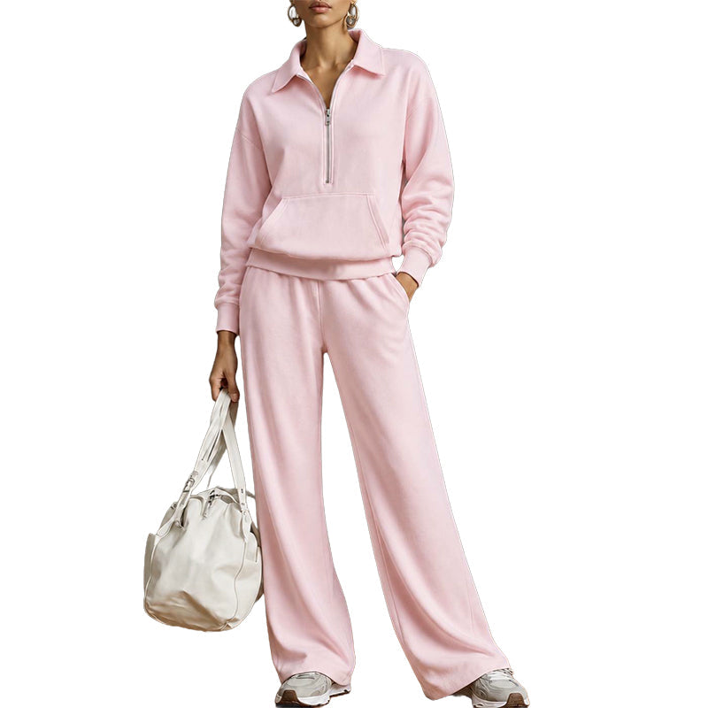 Tweedelige loungeset met halve rits en wijde broek-10