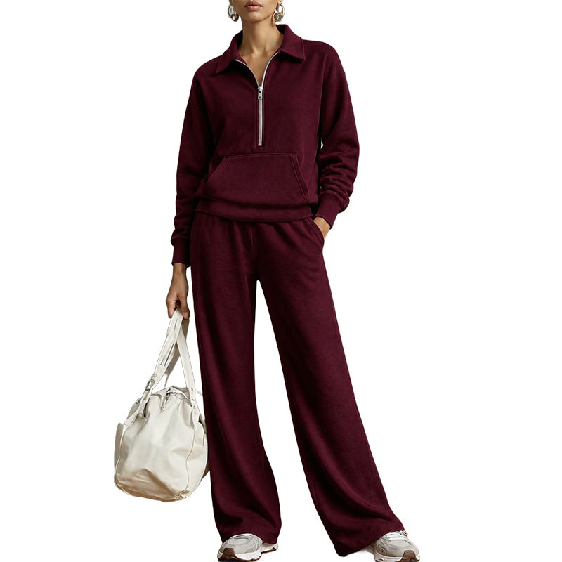 Tweedelige loungeset met halve rits en wijde broek-17