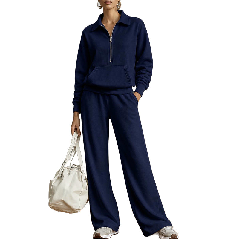 Tweedelige loungeset met halve rits en wijde broek-18