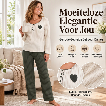 ✨Pyjamaset met ribboord voor dames, met hartjesborduursel