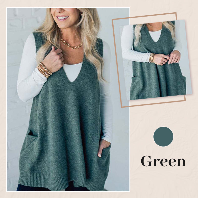 Oversized Gebreid Trui-Vest met V-Hals en Zijzakken-11