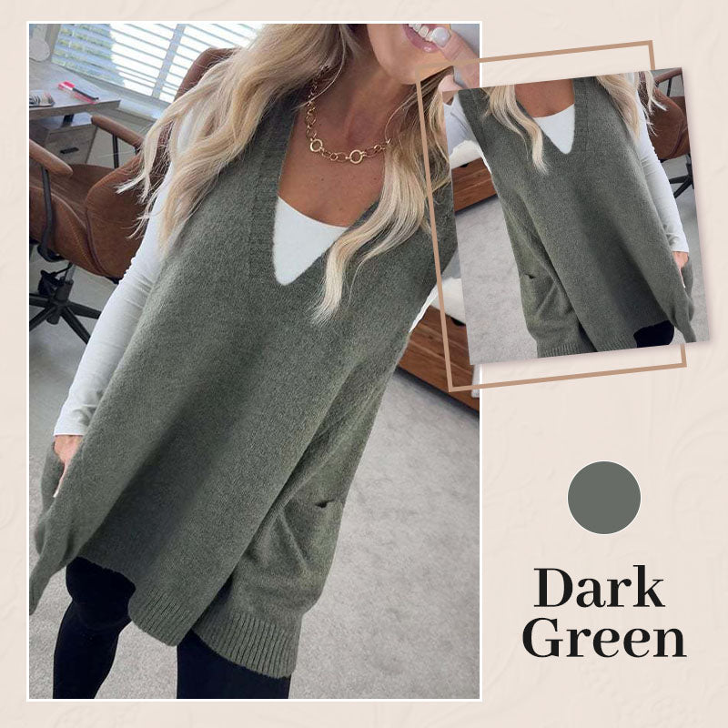 Oversized Gebreid Trui-Vest met V-Hals en Zijzakken-12