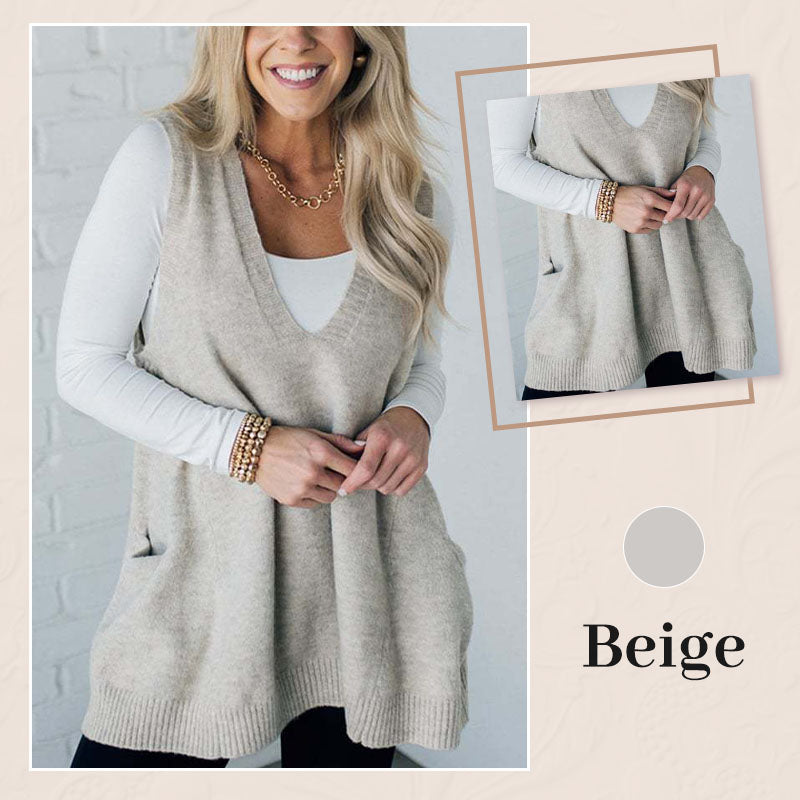 Oversized Gebreid Trui-Vest met V-Hals en Zijzakken-9