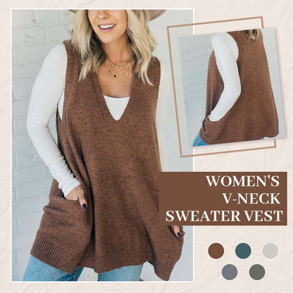 Oversized Gebreid Trui-Vest met V-Hals en Zijzakken
