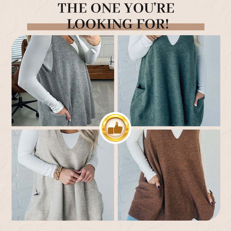 Oversized Gebreid Trui-Vest met V-Hals en Zijzakken-1