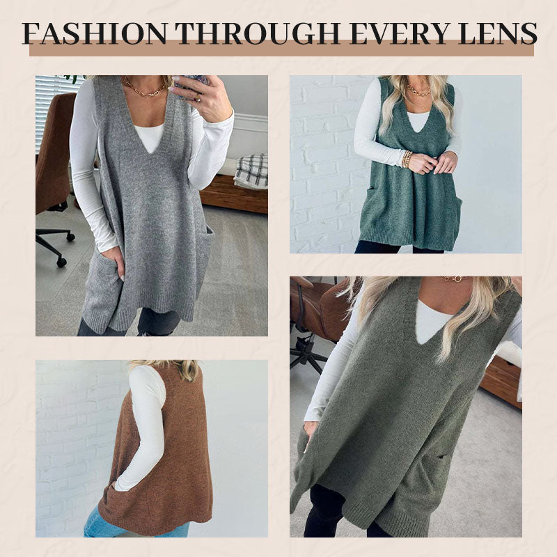 Oversized Gebreid Trui-Vest met V-Hals en Zijzakken-4