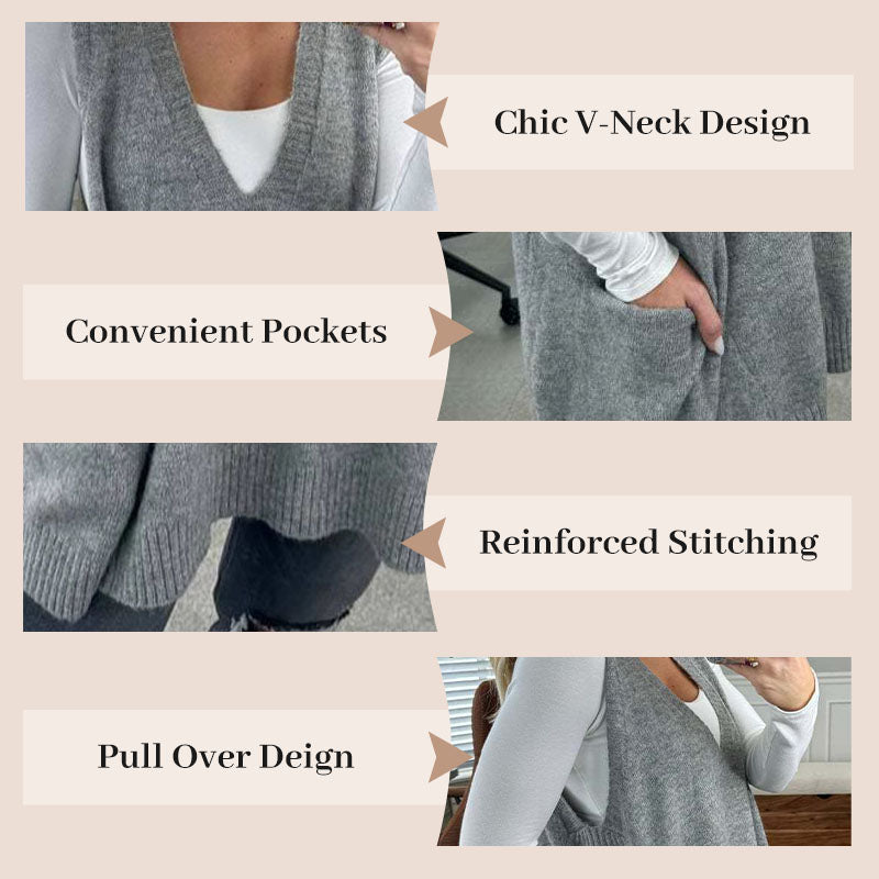 Oversized Gebreid Trui-Vest met V-Hals en Zijzakken-5