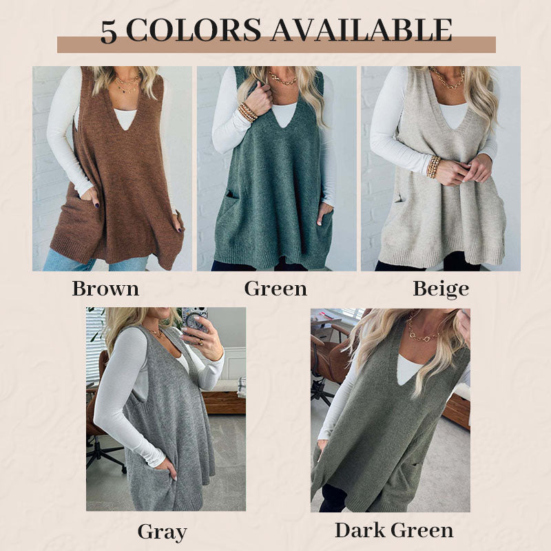 Oversized Gebreid Trui-Vest met V-Hals en Zijzakken-6