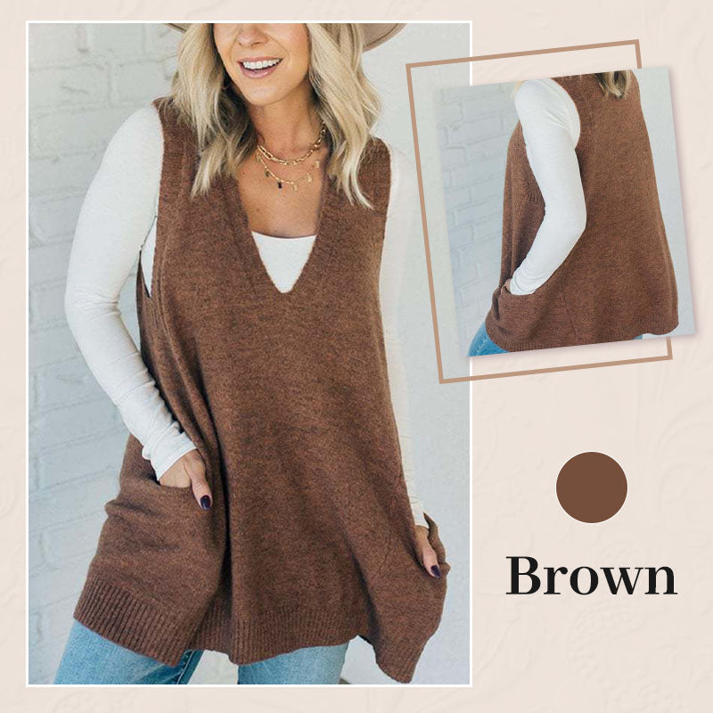 Oversized Gebreid Trui-Vest met V-Hals en Zijzakken-8
